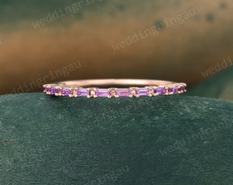 Baguette cut Amethyst wedding band rose gold wedding ring half eternity art deco stacking matching band Thin band promise Anniversary ring