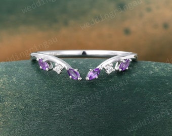 Marquise cut Amethyst Wedding Band Unique White gold Moissanite Curved Wedding Band Vintage Open Stacking ring February birthstone ring gift