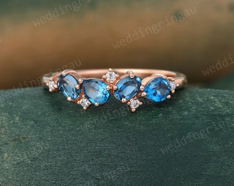 Unique London blue topaz wedding band rose gold oval cut topaz ring moissanite wedding ring art deco stacking matching band promise ring