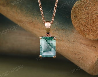 Emerald cut Moss agate necklace Unique 14k Rose gold solitaire necklace pendant minimalist pendant art deco anniversary gift for her