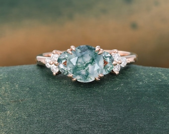 Unique Green Moss agate ring Vintage Rose gold engagement ring Marquise cut moissanite ring Diamond Cluster ring anniversary ring for women