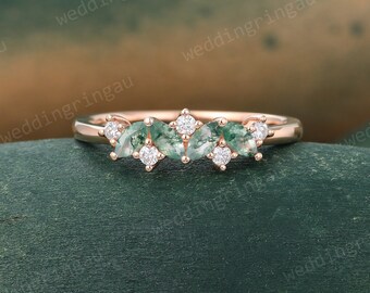 Marquise cut Moss Agate wedding band Unique Rose gold Moissanite wedding band women art deco stacking matching band promise Anniversary ring