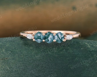 Hexagon cut Moss agate wedding band rose gold marquise cut Moissanite ring Dainty art deco Bridal stacking matching band Anniversary ring