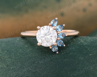 Unique Moissanite engagement ring Vintage Rose gold Round cut ring Pear cut Blue topaz ring Asymmetrical Bridal wedding ring promise ring