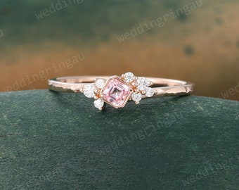 Asscher cut Pink sapphire ring Unique Rose gold engagement ring Moissanite cluster ring hammered gold ring women Dainty Art deco Bridal ring