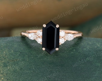 Black onyx engagement ring, Hexagon cut Black onyx ring, Black onyx ring for women, Marquise cut Moissanite ring, Black onyx promise ring