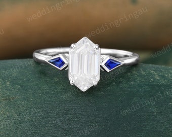 Hexagon cut Moissanite engagement ring Unique White gold Kite cut blue sapphire Three stone ring Bezel set ring bridal anniversary ring