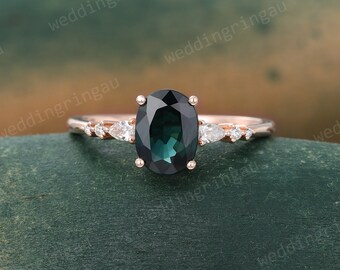 Oval cut Teal sapphire engagement ring Rose gold Unique engagement ring Pear cut Diamond Cluster ring Women Promise Stacking Wedding ring