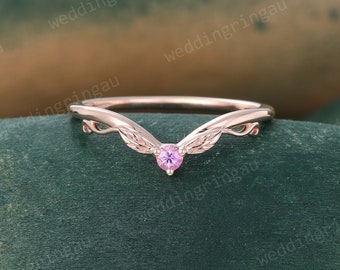 Pink sapphire curved wedding band Unique Rose gold Leaf Design wedding band Art deco Stacking Matching band Bridal Promise anniversary ring