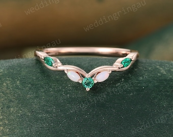 Marquise cut Emerald Curved wedding band Vintage Rose gold wedding band Opal Engagement band Bridal art deco stacking band Anniversary ring