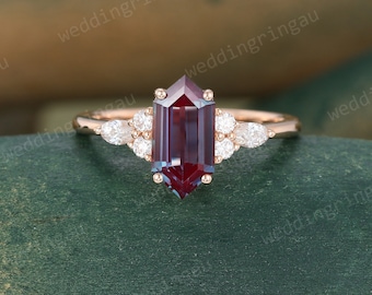 Hexagon cut Alexandrite ring, Rose gold Alexandrite engagement ring, Vintage 7 stone ring, Alexandrite June birthstone ring, Promise ring