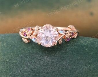 Round Morganite engagement ring Unique Rose gold Leaf Twig engagement ring Marquise cut Moonstone ring Nature inspired ring Promise ring