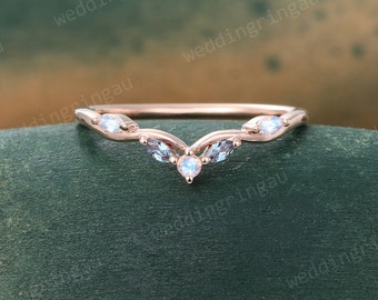 Unique Moonstone Curved wedding band Vintage Rose gold Marquise cut Alexandrite wedding band Branch ring stacking matching band Anniversary