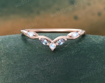 Unique Moonstone Curved wedding band Vintage Rose gold Marquise cut Alexandrite wedding band Branch ring stacking matching band Anniversary