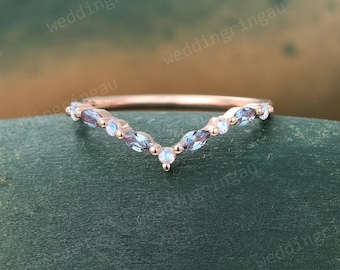 Marquise cut Alexandrite wedding band Unique Rose gold Moonstone Curved wedding band V shaped Stacking Matching band Antique Promise ring
