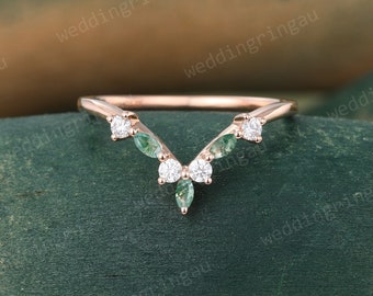 Marquise cut Moss agate wedding band Vintage Rose gold Moissanite Curved wedding ring Women Chevron ring Art deco Stacking band Gift ring