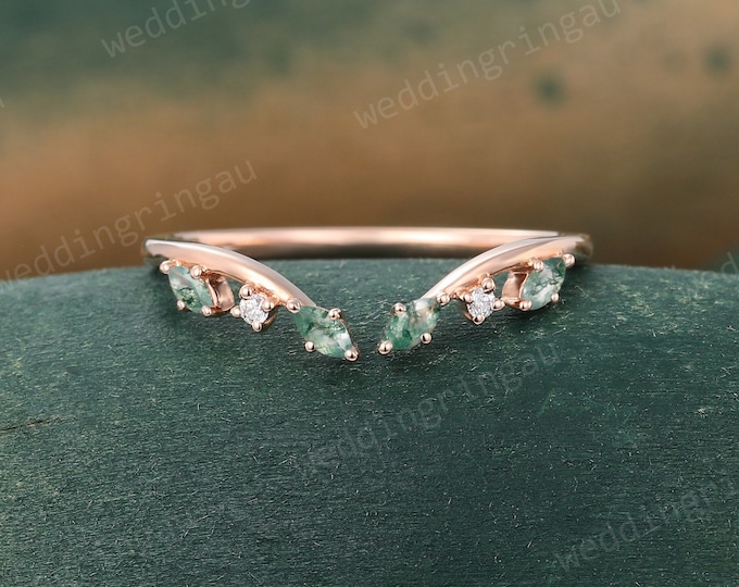 Featured listing image: Marquise cut Moss agate Wedding Band Unique Rose gold Moissanite Curved Wedding Band Vintage Art deco Bridal Open Stacking ring Promise ring