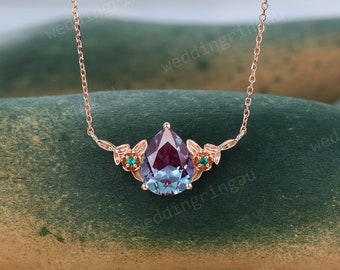 Pear shaped Alexandrite necklace Rose gold Unique Emerald pendant Leaf Women June Birthstone Necklace Three stone pendant Anniversary gift