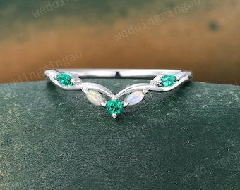 Marquise cut Emerald Curved wedding band Vintage White gold wedding band Opal Engagement band Bridal art deco stacking band Anniversary ring
