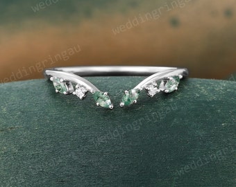Marquise Moss agate Wedding Band Unique White gold Moissanite Curved Wedding Band Vintage Art deco Bridal Open Stacking ring Promise ring