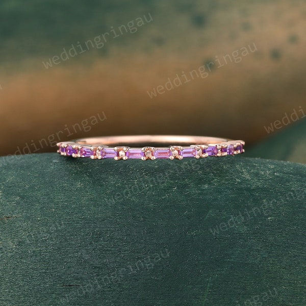 Baguette cut Amethyst wedding band rose gold wedding ring half eternity art deco stacking matching band Thin band promise Anniversary ring