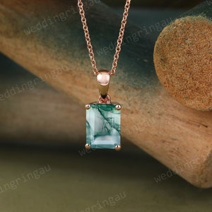 Emerald cut Moss agate necklace Unique 14k Rose gold solitaire necklace pendant minimalist pendant art deco anniversary gift for her