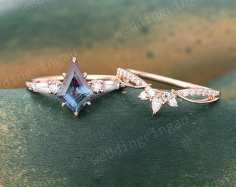Kite cut Alexandrite Engagement ring set Vintage Rose gold Bridal set ring Diamond Curved wedding ring Moissanite ring Promise ring set