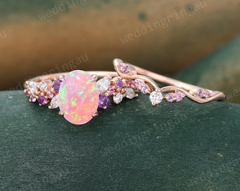 Oval Cut Pink Opal Engagement Ring Set Vintage Rose Gold Bridal Ring Set Amethyst Ring Pink Sapphire Wedding Ring set Diamond Promise Ring