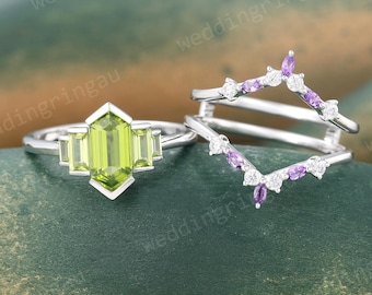 Long Hexagon Cut Peridot Engagement Ring Set Vintage White Gold Moissanite Wedding Ring Set Marquise Cut Amethyst Enhancer Promise Ring
