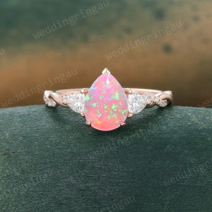 Pear shaped Pink Opal ring Vintage Rose gold engagement ring Trillion cut Moissanite Infinity ring Diamond ring Bridal Promise ring