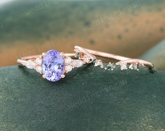 Oval Cut Tanzanite Ring Set Unique Rose Gold Engagement Ring Set Vintage Marquise Cut Moss Agate Curved Ring Art Deco Bridal Promise Ring
