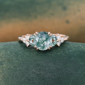 Unique Green Moss agate ring Vintage Rose gold engagement ring Marquise cut moissanite ring Diamond Cluster ring anniversary ring for women