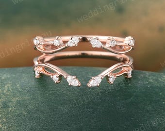 Moissanite wedding band Unique enhancer ring solid rose gold double diamond ring women art deco ring Branch Jacket band anniversary ring