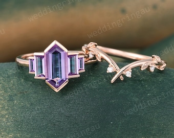 Hexagon Amethyst Engagement Ring Set Vintage Rose gold Baguette Cut Amethyst Ring Leaf Diamond Curved Wedding Bridal Ring Set Promise Ring