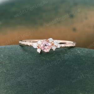 Asscher cut Pink sapphire ring Unique Rose gold engagement ring Moissanite cluster ring hammered gold ring women Dainty Art deco Bridal ring