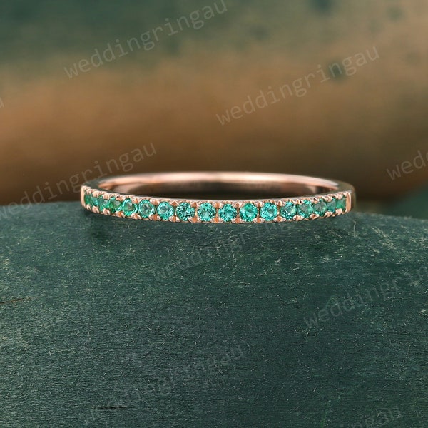 Lab emerald wedding band rose gold Dainty Half eternity wedding ring micro pave ring thin art deco stacking matching band promise ring