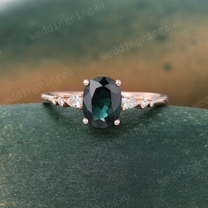 Oval cut Teal sapphire engagement ring Rose gold Unique engagement ring Pear cut Diamond Cluster ring Women Promise Stacking Wedding ring
