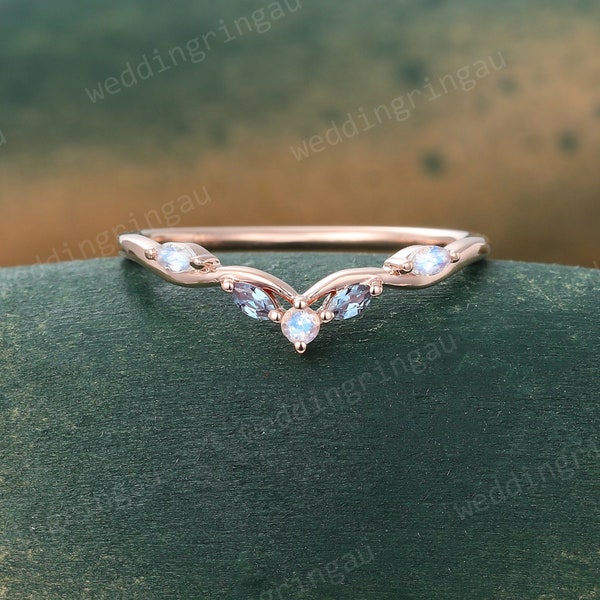 Unique Moonstone Curved wedding band Vintage Rose gold Marquise cut Alexandrite wedding band Branch ring stacking matching band Anniversary