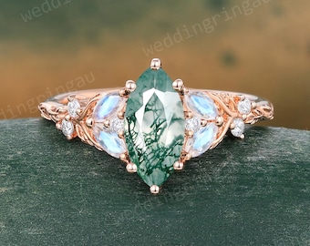 Marquise cut Moss Agate Engagement Ring Rose Gold Moonstone Wedding ring Leaf Branch Nature Inspired Moissanite Ring Bridal Promise Ring