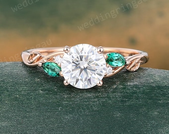 Round cut Moissanite Engagement Ring Vintage Rose Gold Leaf Ring Marquise Cut Emerald Wedding Promise Ring Women Art Deco Anniversary Gift