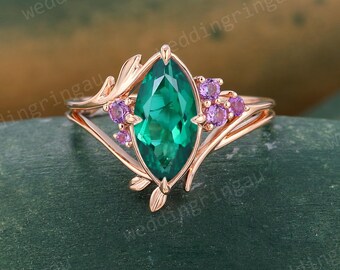 Nature Inspired Marquise Cut Emerald Ring Art Deco 14K Rose Gold Engagement Ring Leaf Amethyst Cluster Wedding Bridal Ring Promise Ring