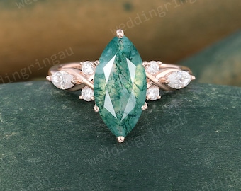 Large Moss Agate Ring Unique Marquise Cut Green Agate Engagement Ring Art Deco Moissanite Diamond Wedding Promise Bridal Anniversary Ring
