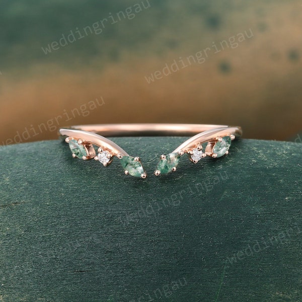 Marquise cut Moss agate Wedding Band Unique Rose gold Moissanite Curved Wedding Band Vintage Art deco Bridal Open Stacking ring Promise ring