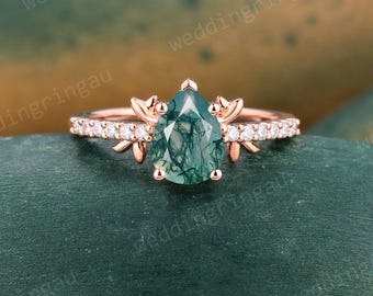 Nature Inspired Pear Moss Agate Ring Unique Rose Gold Aquatic Agate Engagement Ring Diamond Pave Band Ring Leaf Wedding Ring Promise Ring