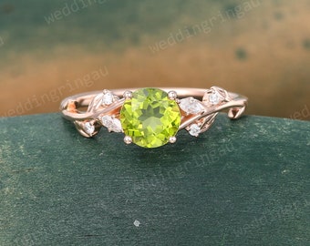 Round cut Peridot ring Vintage Rose gold engagement ring Marquise cut Moissanite ring Leaf Branch ring August birthstone ring promise ring