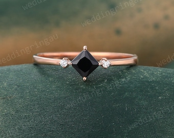Princess cut Black onyx engagement ring Unique Rose gold Moissanite ring Dainty Three stone ring Bridal wedding ring promise ring for women