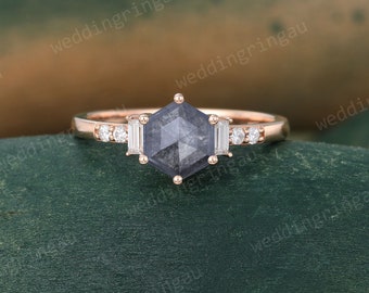 Hexagon cut Salt and Pepper Diamond ring Unique Rose gold engagement ring Baguette cut Diamond ring Art deco ring Bridal Promise ring