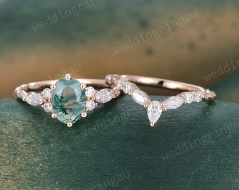 Oval cut Moss Agate Engagement ring set Rose gold Marquise cut vintage Moissanite wedding band Twist band bridal set marriage Anniversary