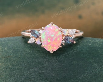 Oval cut Pink Opal ring Unique Cluster Gemstone engagement ring 14k Rose gold ring Marquise cut Alexandrite Opal Cluster ring wedding ring