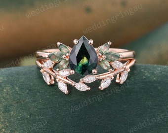Blue green sapphire engagement ring set Vintage rose gold Pear shaped gemstone ring Leaf Moissanite Curved wedding band bridal promise ring